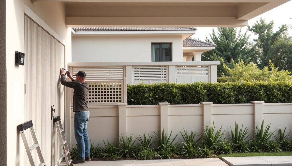 A detailed architectural scene depicting the installation process of privacy fences and wall screens for homes and villas. The foreground showcases skilled workers meticulously assembling the modular components, utilizing a variety of specialized tools and techniques. The middle ground features an array of elegant, customizable fencing designs in neutral tones that seamlessly blend with the villa's exterior. In the background, a well-manicured garden and lush greenery create a tranquil, sophisticated ambiance. The lighting is soft and diffused, emphasizing the craftsmanship and attention to detail in the installation process. The overall composition conveys a sense of protection and elegance, perfectly suited for the article's subject matter.