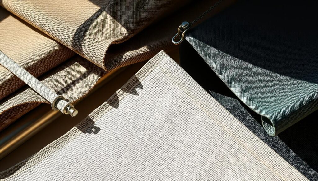 A detailed close-up view of the materials used in the construction of car shade structures in Saudi Arabia. Featuring a selection of high-quality fabrics, metals, and tensioning components arranged in a visually appealing composition. The materials are illuminated by realistic directional lighting, casting natural shadows that add depth and realism to the scene. The overall atmosphere conveys a sense of durability, functionality, and attention to detail in the manufacturing of these versatile shading solutions.