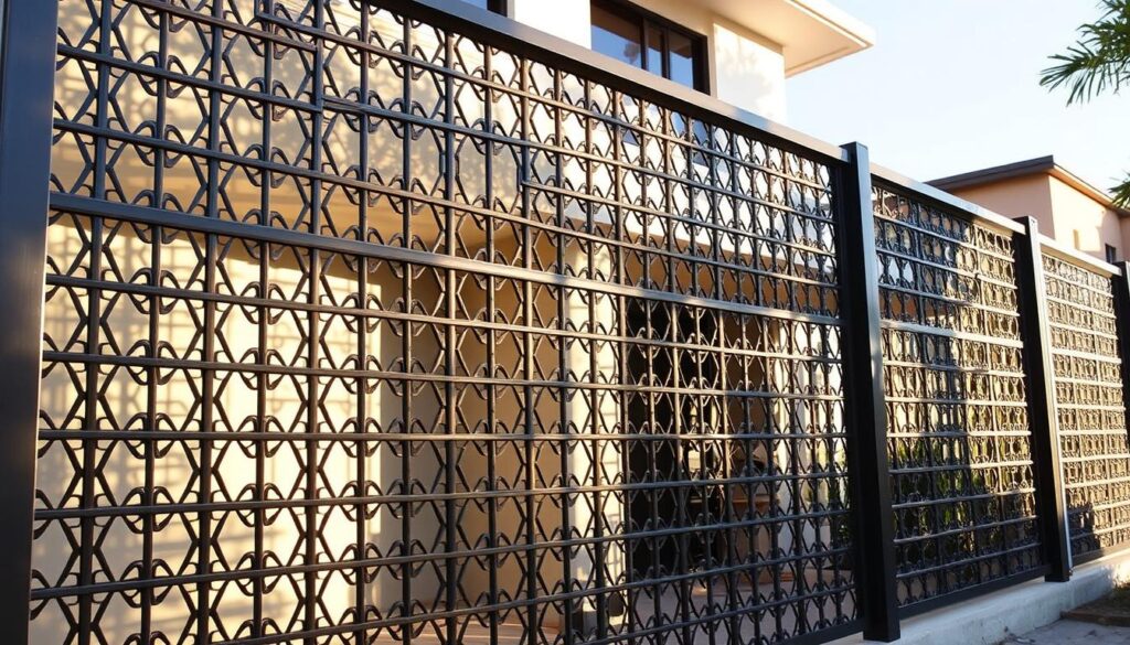 A detailed installation of a sturdy metal fence system. The scene depicts the front of a modern villa, with the fence's intricate metal lattice pattern casting interesting shadows across the facade. The fence stands tall, providing privacy and security, while maintaining an elegant aesthetic. Warm afternoon sunlight filters through the fence, creating a sense of depth and texture. The fence's sturdy steel posts are firmly anchored, ensuring a solid and long-lasting installation. The overall composition conveys a harmonious blend of functionality and architectural design.