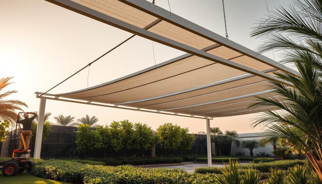 A detailed, multi-layered scene showcasing the installation process of an elegant, tensile shade structure for a lush garden in Dammam, Saudi Arabia. In the foreground, a team of skilled workers carefully assemble the intricate metal frame, their movements captured in dynamic poses. The middle ground features the partially completed structure, its curves and angles casting soft, natural shadows across the verdant landscaping. In the background, a warm, golden hour light bathes the scene, highlighting the sleek, modern design and the harmonious integration of the structure within the tranquil garden setting. The overall composition conveys a sense of precision, craftsmanship, and the seamless blending of functional and aesthetic elements.