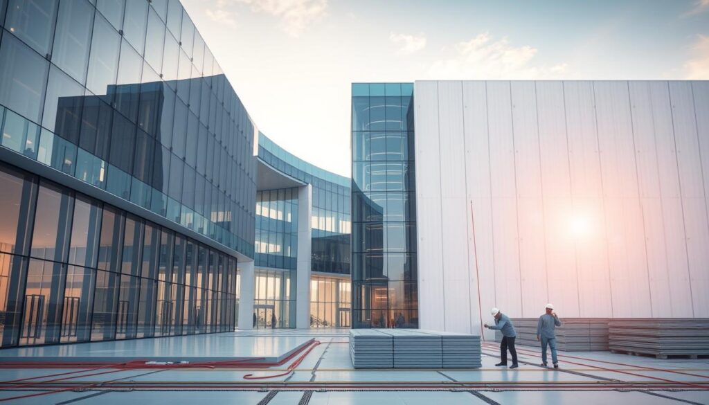 A futuristic landscape of sleek, high-quality sandwich panels, seamlessly integrated into a contemporary architectural masterpiece. The building's façade reflects the precise, meticulous craftsmanship of the Riyadh Pioneers, with clean lines and a harmonious blend of glass and steel. Soft, natural lighting filters through the panels, accentuating their superior insulation and durability. In the foreground, skilled technicians meticulously install the panels, ensuring the highest standards of quality and attention to detail. The scene conveys a sense of innovation, efficiency, and a commitment to excellence that embodies the principles of the Riyadh Pioneers.