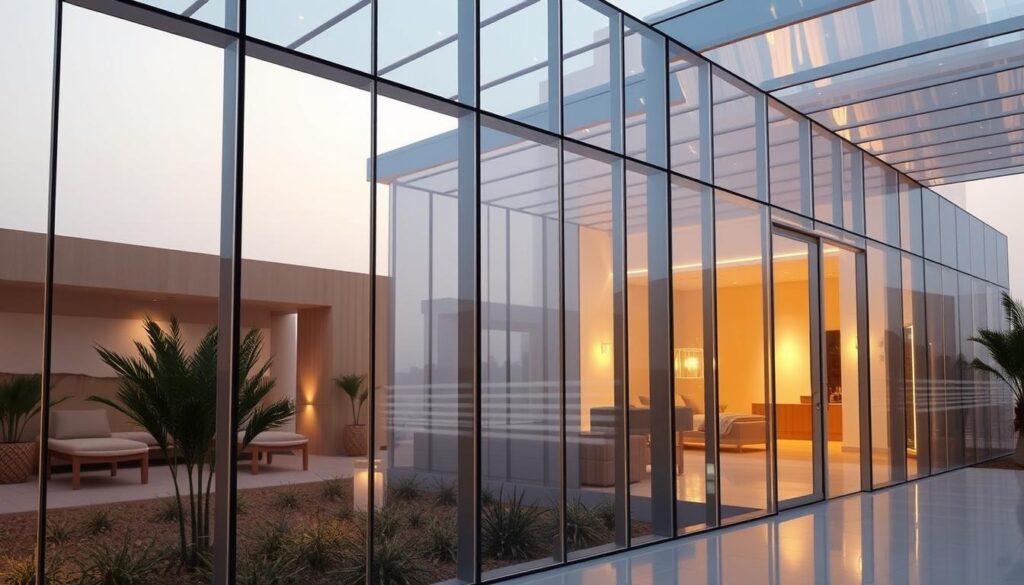 A glass-encased oasis, shimmering with refined elegance. Smooth, seamless panels of insulated glass panels, expertly installed by skilled workers, create a captivating architectural feature. Warm, diffused lighting illuminates the space, casting a tranquil glow. The structure blends harmoniously with its surroundings, a modern interpretation of traditional Saudi design. Sleek lines and minimalist accents convey a sense of luxury and sophistication. This stunning glass annex, a testament to the pinnacle of 2026 construction and finishing trends, offers a breathtaking vista, inviting occupants to bask in its refined opulence.