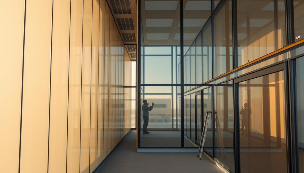 A glass-enclosed modern annex in Saudi Arabia, with workers carefully installing insulated sandwich panels on the exterior walls. The building's facade features a clean, minimalist design, showcasing the smooth, uniform texture of the panels. Warm, natural lighting filters through the glass, creating a bright and welcoming ambiance. The middle ground reveals the precision and attention to detail in the panel installation process, while the background suggests the larger context of a contemporary architectural project. The overall scene conveys a sense of efficiency, sustainability, and a commitment to innovative building techniques.