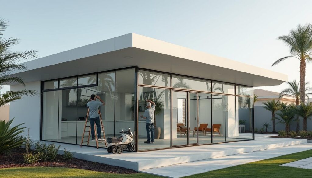 A glass-enclosed modern annex with sleek clean lines and elegant minimalist design. The structure features high ceilings, large windows, and a seamless transition between indoor and outdoor spaces. Workers are carefully installing insulated sandwich panels, crafting a highly energy-efficient and thermally comfortable environment. Soft neutral hues and natural materials create a serene, refined atmosphere, perfectly suited for relaxation and stylish gatherings. The annex is situated in lush landscaping, blending harmoniously with its garden surroundings in Dammam, Saudi Arabia. A glass-enclosed modern annex with sleek clean lines and elegant minimalist design. The structure features high ceilings, large windows, and a seamless transition between indoor and outdoor spaces. Workers are carefully installing insulated sandwich panels, crafting a highly energy-efficient and thermally comfortable environment. Soft neutral hues and natural materials create a serene, refined atmosphere, perfectly suited for relaxation and stylish gatherings. The annex is situated in lush landscaping, blending harmoniously with its garden surroundings in Dammam, Saudi Arabia.