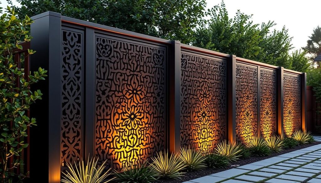 A high-quality, modern privacy fence with intricate laser-cut patterns, crafted from durable heat- and wind-resistant materials. The fence stands tall, seamlessly blending form and function, offering a striking visual anchor against a backdrop of lush greenery. The sleek, architectural design reflects precision engineering, while the sturdy construction ensures long-lasting protection from the elements. Warm, directional lighting casts a soft, ambient glow, highlighting the fence's elegant silhouette and accentuating the intricate details of the laser-cut motifs. The overall composition conveys a sense of sophisticated, contemporary style that complements the refined aesthetic of the surrounding landscape.
