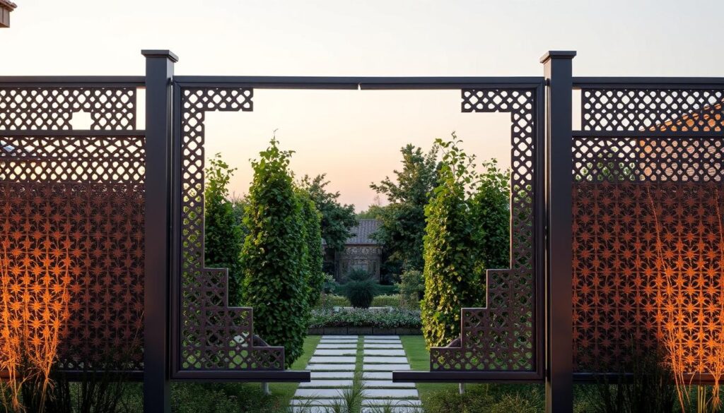 A high-quality privacy fence and wall screen system for homes and villas, showcasing a seamless blend of protection and elegant design. The scene depicts a well-crafted aluminum or wooden structure with intricate lattice patterns, providing both visual interest and effective shielding from prying eyes. Soft, warm lighting casts a cozy glow, highlighting the attention to detail and premium materials used. The fence stands tall, framing a lush, meticulously landscaped garden in the background, creating a serene, inviting atmosphere. The entire composition conveys a sense of refined sophistication and a commitment to enhancing both the security and aesthetic appeal of the property.