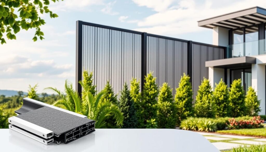 A high-quality privacy fence or wall screen, showcasing the materials used in its construction. The foreground displays samples of the robust and weather-resistant materials, such as sturdy aluminum frames and durable, textured panels. The middle ground depicts the fence in a natural setting, blending harmoniously with lush greenery and a tranquil sky. The background emphasizes the fence's ability to provide both privacy and elegance, with a well-manicured garden and a modern, contemporary architectural design. The lighting is soft and diffused, highlighting the materials' tactile qualities and creating a warm, inviting atmosphere. The overall composition conveys the fence's durability, functionality, and aesthetic appeal, making it suitable for high-end residential and commercial applications.