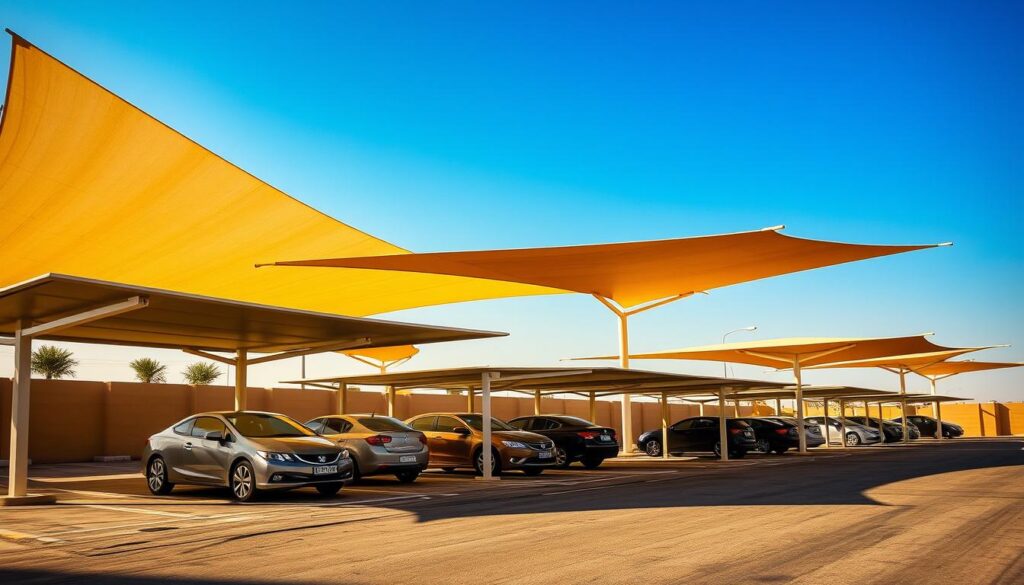 A high-quality tensile car shade structure in Saudi Arabia, showcasing various types of car parking shades with realistic lighting and shadow effects. The image features a well-lit, spacious car park area with modern, sleek car shade designs in a variety of shapes and sizes, ranging from simple single-car canopies to larger multi-car covered structures. The shades are crafted with high-quality materials, creating an elegant and practical solution for protecting vehicles from the intense Saudi sun. The lighting is natural and warm, casting realistic shadows that emphasize the depth and texture of the structures. The overall scene conveys a sense of functionality, comfort, and attention to detail, reflecting the standards of a reputable car shade provider in the region.