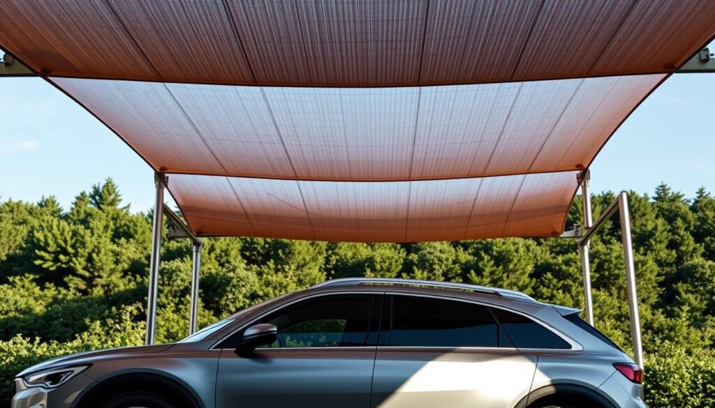 A high-quality tensile shade structure with intricate webbing of metal poles, evenly distributed across a lush, verdant landscape. The structure casts a warm, diffused light, creating a cozy and inviting ambiance. The foreground showcases a well-maintained car, its sleek lines and metallic finish complementing the modern design of the shade. Realistic shadows and highlights add depth and dimensionality, conveying a sense of depth and volume. The overall scene exudes a harmonious blend of functionality, craftsmanship, and aesthetic appeal, embodying the principles of quality and aftermarket service.