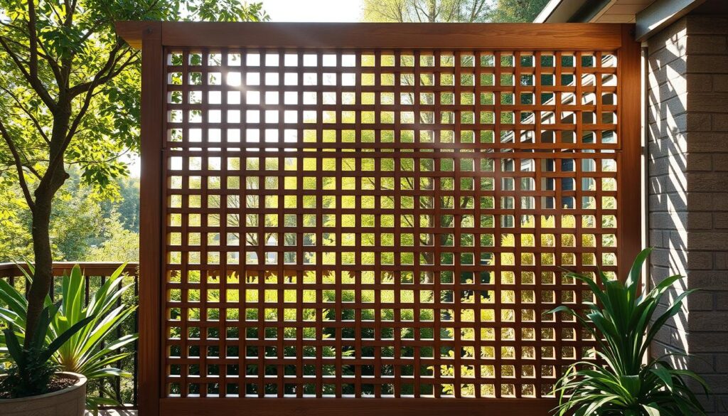 A high-quality wooden privacy screen stands proudly, its intricate lattice pattern casting mesmerizing shadows. Sunlight filters through, illuminating the space with a warm, inviting glow. The sturdy construction exudes a sense of security and exclusivity, blending seamlessly with the lush, verdant surroundings. A team of skilled craftsmen has meticulously assembled this bespoke barrier, ensuring exceptional durability and a flawless finish. Beyond the screen, a team of attentive professionals stands ready to provide attentive after-sales service, guaranteeing the screen's longevity and your complete satisfaction. This harmonious fusion of form and function elevates the space, creating an oasis of tranquility and luxury.