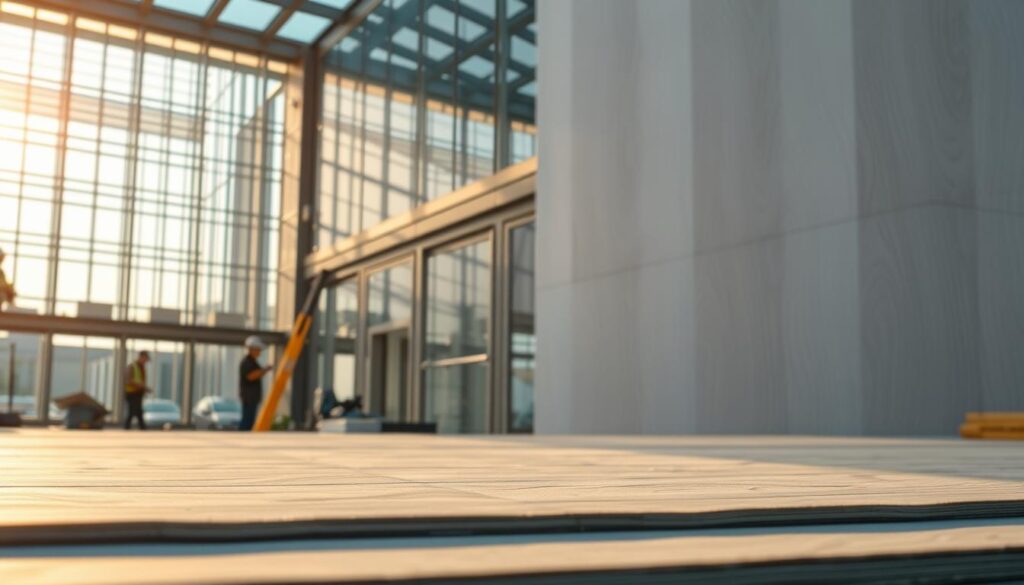 A large, modern building with a glass atrium and sleek, insulated sandwich panels being installed by a team of skilled workers. Warm, diffused lighting illuminates the scene, casting soft shadows and highlighting the intricate textures of the materials. The attention to detail and quality craftsmanship is evident, reflecting the high standards of building and construction. In the foreground, a close-up view of the precision-fitted panels and the care taken in their installation. The overall atmosphere conveys a sense of professionalism, expertise, and a commitment to ensuring the quality and durability of the structure.