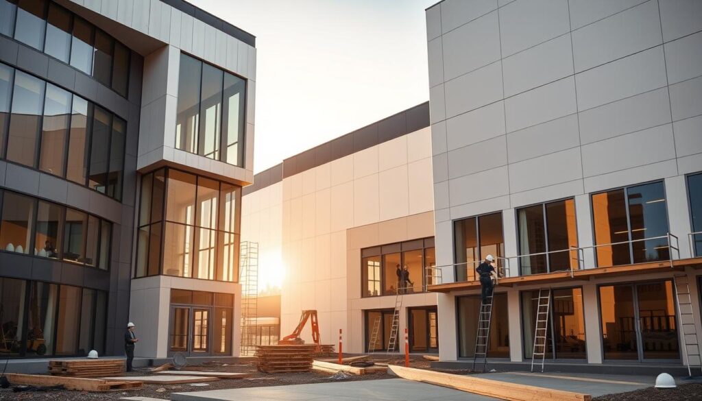 A large, modern commercial building with sleek, glass-enclosed annexes and rooms. The structure features a mix of contemporary architectural elements - clean lines, expansive windows, and a neutral color palette. Workers are carefully installing insulated sandwich panels, creating a seamless, energy-efficient facade. The scene is bathed in warm, natural lighting, conveying a sense of professionalism and high-quality construction. The overall composition highlights the precision and attention to detail required for this commercial development project.