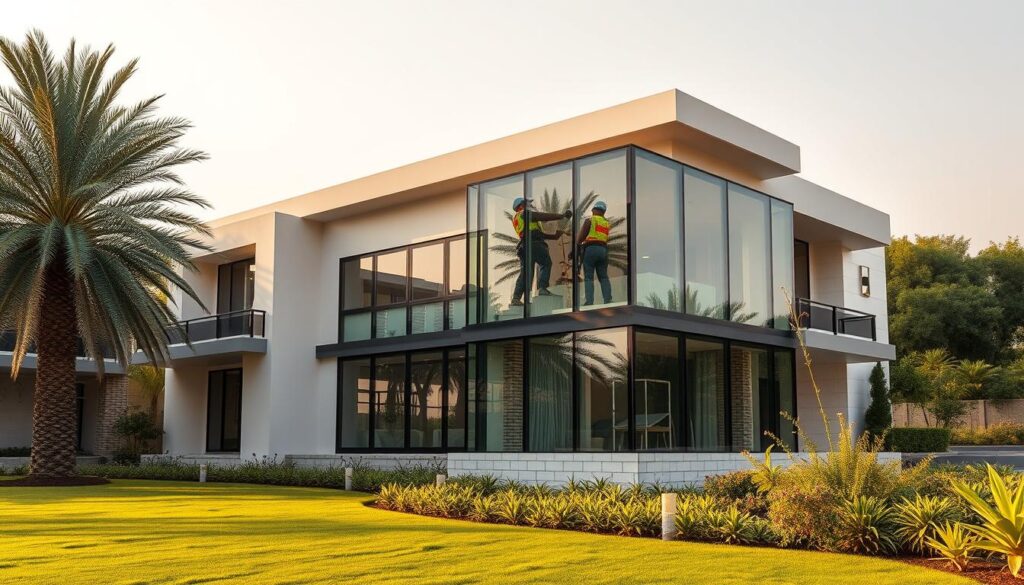 A large, modern two-story building with an elegant glass annex addition on the side, surrounded by lush greenery in the Hafr Al-Batin region of Saudi Arabia. The annex features intricate architectural details and a sleek, contemporary design, with workers carefully installing insulated sandwich panels to provide advanced thermal insulation. The scene is bathed in warm, diffused natural lighting, casting a serene, inviting atmosphere. The building stands as a testament to the region's commitment to sustainable construction practices and innovative home design.