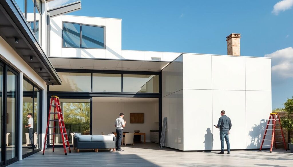 A large, sun-lit outdoor living space with a sleek, modern glass and steel annex extension. The annex features high ceilings, floor-to-ceiling windows, and gleaming white insulated sandwich panels. Workers carefully install the panels, meticulously aligning them to create a seamless, minimalist facade. The annex blends effortlessly with the existing structure, expanding the usable square footage and ushering in an abundance of natural light. The scene exudes a sense of refined elegance, where cutting-edge design harmonizes with the comfort of an alfresco setting.