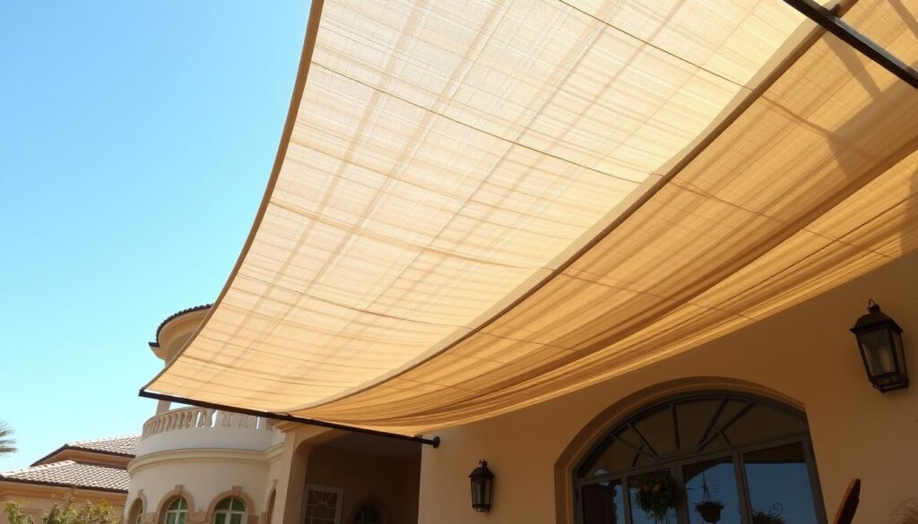 A lush, elegant fabric canopy casting soft shadows over a stately villa, its intricate weave and flowing silhouette providing both privacy and aesthetic appeal. Meticulously crafted panels of high-quality textile material, their textures and hues harmonizing seamlessly with the surrounding architecture. Gentle natural light filters through the translucent fabric, creating a warm, inviting atmosphere. The canopy's graceful form and strategic placement strategically shield the villa's occupants from prying eyes, while maintaining an aura of refined sophistication. This harmonious blend of function and beauty embodies the essence of the modern "سواتر قماش" - the perfect privacy solution for the discerning homeowner in Qatif, 2026.
