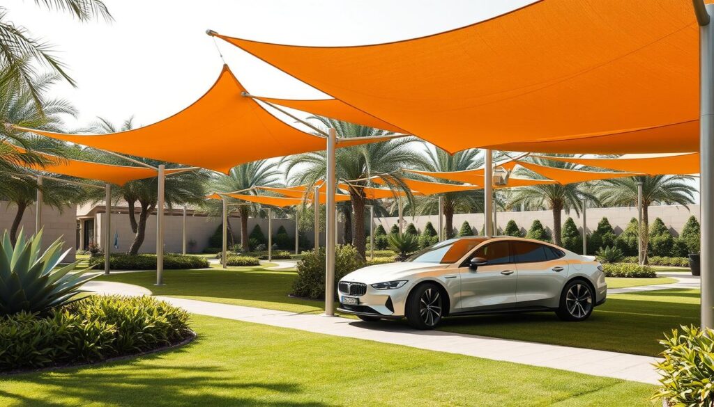 A lush, verdant garden in Dammam, Saudi Arabia, showcasing a variety of modern, sleek shade structures. Towering tensile canopies in warm, earthy tones provide ample protection from the sun, casting intricate patterns of light and shadow across the meticulously landscaped grounds. Elegant, minimalist car models are strategically positioned, seamlessly blending with the serene, refined atmosphere. The scene exudes a sense of tranquility and sophistication, hinting at the high-quality, customizable shade solutions available to homeowners in the region.