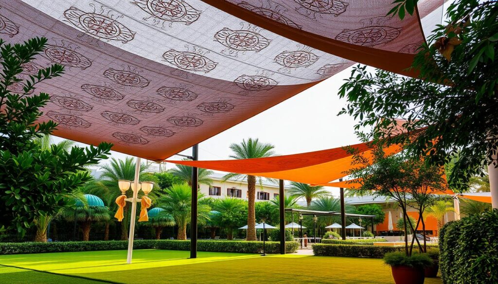 A lush, verdant garden in Dammam, Saudi Arabia, where elegant, sweeping tensile shade structures cast gentle shadows over an inviting outdoor space. The canopies, intricately designed with intricate patterns and vibrant hues, provide respite from the sun's warmth, creating an oasis of tranquility. Soft, diffused lighting illuminates the scene, highlighting the harmonious blend of modern architecture and the natural landscape. Carefully placed potted plants and manicured shrubbery add to the serene ambiance, making this an idyllic setting for relaxation and social gatherings. The scene conveys the importance of shade structures in Saudi cities, where they seamlessly integrate functionality and aesthetic appeal.