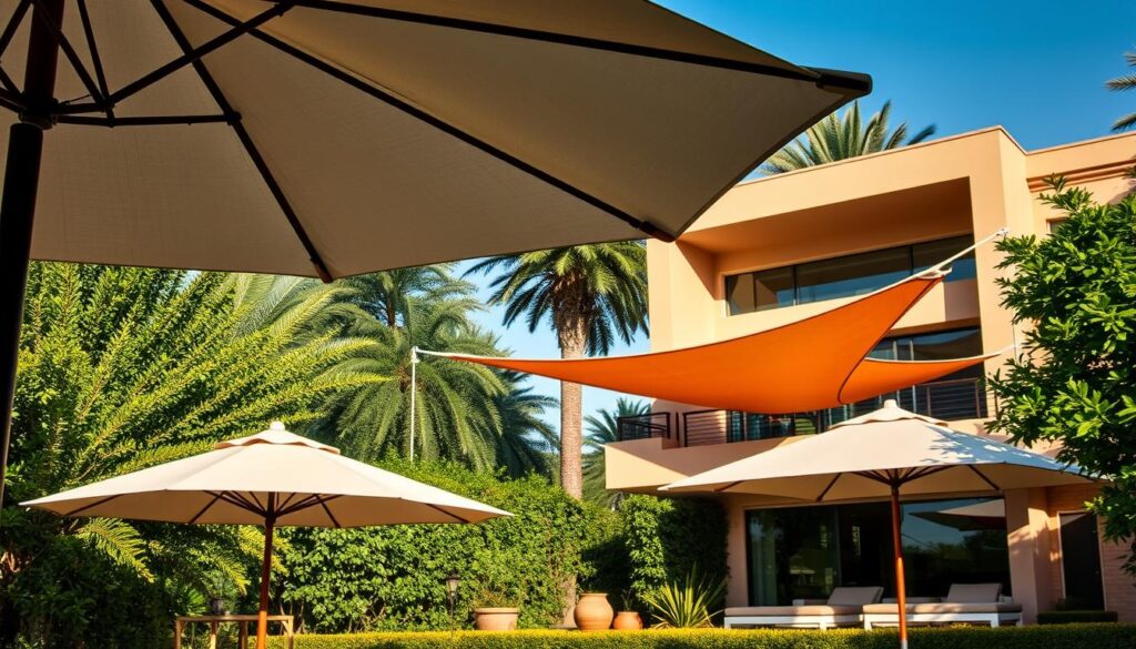 A lush villa garden in Dammam, Saudi Arabia, showcasing a variety of premium patio umbrellas and tensile shade structures. The foreground features a large, modern umbrella with a sleek, minimalist design casting a soft, diffused light over the scene. In the middle ground, several modular tensile structures in warm hues complement the villa's architecture, providing ample shade and a cozy ambiance. The background incorporates verdant foliage, creating a serene, nature-inspired setting. Realistic lighting, shadows, and reflections enhance the sense of depth and materiality, resulting in a visually striking and inviting image that captures the essence of Dammam's high-end residential outdoor living spaces.