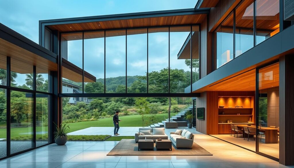 A luxurious and elegant villa annex with a sleek glass facade, featuring a harmonious blend of modern and traditional architectural elements. The structure boasts an expansive open-plan layout, allowing natural light to flood the interior. Warm lighting accentuates the rich textures of the insulated sandwich panels, creating a cozy and inviting atmosphere. Meticulously placed windows frame picturesque views of the lush surrounding landscape. Skilled workers carefully install the high-quality materials, ensuring a seamless and premium finish that complements the villa's overall aesthetic.