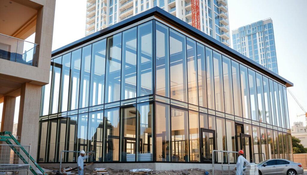 A luxurious glass-enclosed residential annex under construction, surrounded by modern architectural elements. Sleek steel frames and panels of insulated glass create a harmonious blend of transparency and energy efficiency. Skilled workers meticulously install the insulated sandwich panels, ensuring optimal thermal performance. The scene is bathed in warm, natural lighting, highlighting the high-end materials and contemporary design. In the background, a towering building facade completes the sophisticated, urban setting, showcasing the latest advancements in Saudi Arabian construction for 2026.
