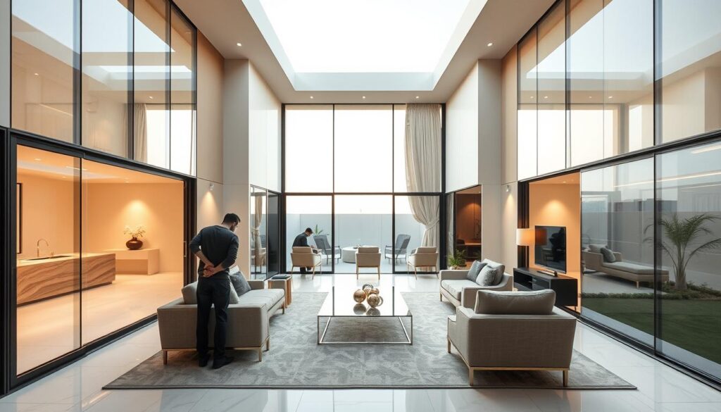 A luxurious villa in Dammam with a meticulously designed glass-walled annex. Elegant frameless glass panels seamlessly integrate the indoor and outdoor spaces, allowing natural light to flood the room. Skilled workers carefully install high-performance insulated sandwich panels, ensuring optimal thermal efficiency and a comfortable living environment. Sleek, minimalist furnishings complement the architectural details, creating a harmonious and sophisticated ambiance. Warm lighting casts a soft glow, accentuating the clean lines and premium finishes. The scene embodies the pinnacle of quality standards in villa construction, a testament to the engineering excellence of Riyad Al-Sharqiya.