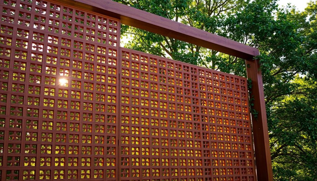A luxurious wooden privacy screen adorns the serene Dammam landscape. Intricate lattice patterns cast mesmerizing shadows, evoking a sense of natural elegance. The warm tones of the timber harmonize with the lush greenery, creating a harmonious and calming ambiance. Sunlight filters through the carefully crafted slats, casting a soft, golden glow that accentuates the screen's refined details. Towering trees in the background provide a verdant backdrop, further emphasizing the screen's role as a stunning architectural feature that seamlessly blends with the surrounding environment. This exquisite wooden privacy screen embodies the essence of modern Dammam design, offering both functional protection and a touch of refined sophistication.