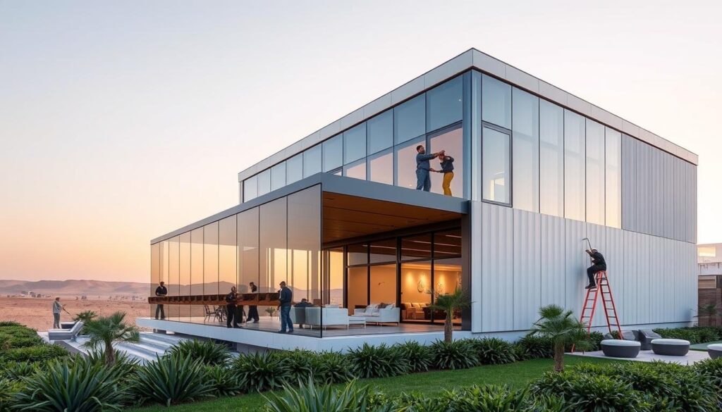 A majestic glass and steel structure stands proudly against the desert backdrop, its sleek lines and expansive windows reflecting the warm Saudi sun. Workers skillfully install insulated sandwich panels, crafting a modern annex that seamlessly blends indoor and outdoor living. Lush greenery and soft lighting create an inviting ambiance, hinting at the elegant outdoor lounge spaces to come. The scene exudes a sense of sophistication and attention to detail, embodying the essence of Khobar's architectural prowess.