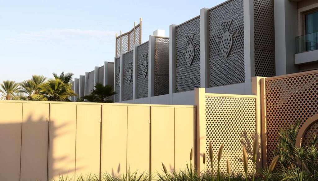 A meticulously crafted installation of privacy screens and fences, showcasing the elegant interplay of materials and architectural forms. The foreground features sleek, modular panels in a warm, neutral palette, seamlessly integrated with the surrounding landscape. Mid-ground highlights intricate latticework and perforated patterns, casting a play of light and shadow. In the background, towering, sculptural screens rise, blending modern aesthetics with traditional Dammam design sensibilities. Crisp shadows, soft ambient lighting, and a sense of tranquility pervade the scene, creating a harmonious, luxurious sanctuary that balances function and aesthetic appeal.