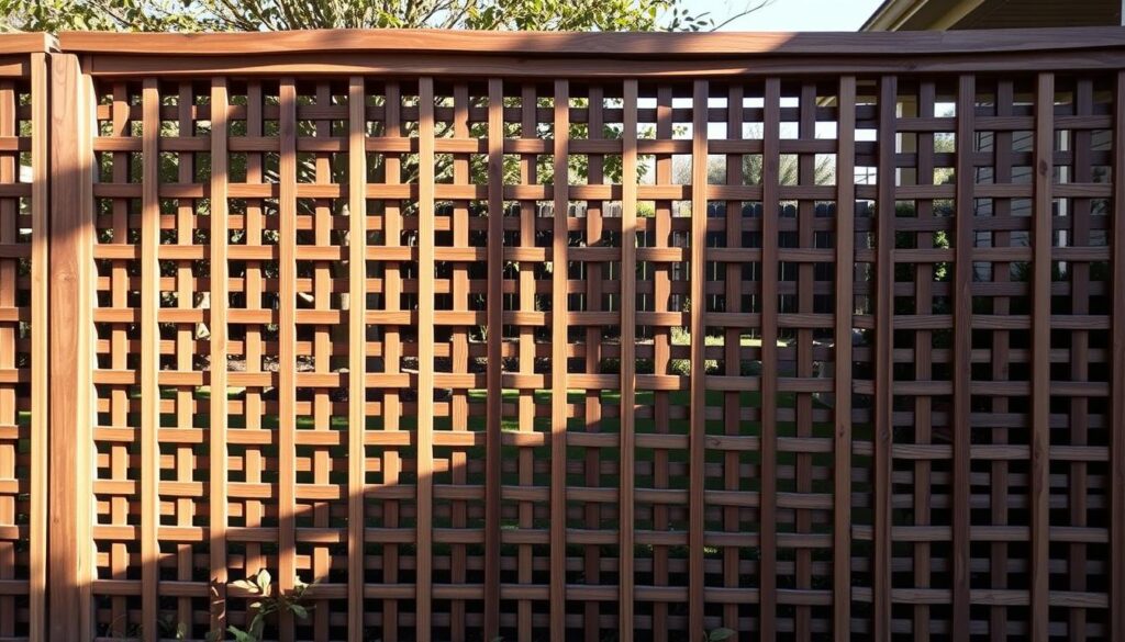 A meticulously crafted wooden privacy fence, its intricate lattice design casting intricate shadows across a serene garden landscape. Sunlight filters through the delicately arranged slats, creating a warm, natural ambiance. The fence stands as a stunning architectural element, seamlessly blending functionality and aesthetic appeal. Elegant curves and precise joinery showcase the skilled craftsmanship, while the weathered, rustic tones lend an air of timeless sophistication. This captivating scene embodies the perfect balance of privacy, protection, and natural beauty, serving as an inspiring representation of the ideal wooden screen for a luxurious residential setting.