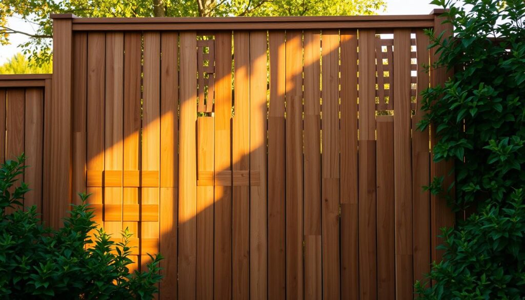 A meticulously crafted wooden privacy screen stands tall, its intricate patterns casting captivating shadows against a warm, golden-hour backdrop. The sturdy, expertly-joined boards create a seamless, elegant barrier, blending harmoniously with the lush, verdant foliage that frames the scene. Delicate sunlight filters through the screen, casting a soft, diffused glow that highlights the natural beauty of the wood's grain and texture. The overall composition evokes a sense of tranquility and refined sophistication, perfectly embodying the essence of modern, high-quality fence installation.