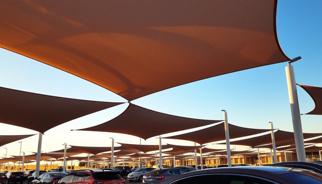 A meticulously designed array of car shades in Alkhobar, Saudi Arabia, illuminated by warm, natural sunlight casting intricate shadows across their tensile fabric structures. The shades rise gracefully, their canopies suspended by sleek, minimalist supports, creating a harmonious blend of form and function. The scene exudes a sense of comfort and practicality, offering car owners a respite from the region's intense heat. The shades are precisely positioned to provide optimal coverage, their materials and construction evoking a high-quality, modern aesthetic.