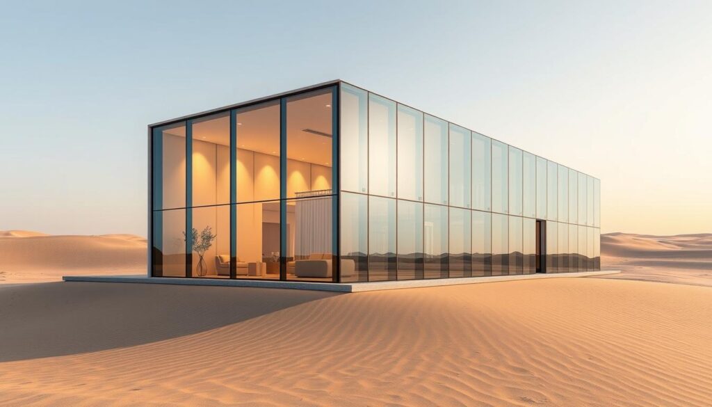 A meticulously designed glass-enclosed annexe rises in the heart of Al-Ahsa, its sleek silhouette casting long shadows across the sand-swept landscape. Skilled craftsmen expertly install insulated sandwich panels, crafting a seamless union of form and function. Warm lighting filters through the transparent walls, imbuing the space with an inviting ambiance. Elegant lines and a harmonious palette evoke a sense of modern sophistication, perfectly complementing the region's rich architectural heritage. This captivating fusion of indoor and outdoor elements promises to elevate the indoor-outdoor living experience for the discerning homeowner.