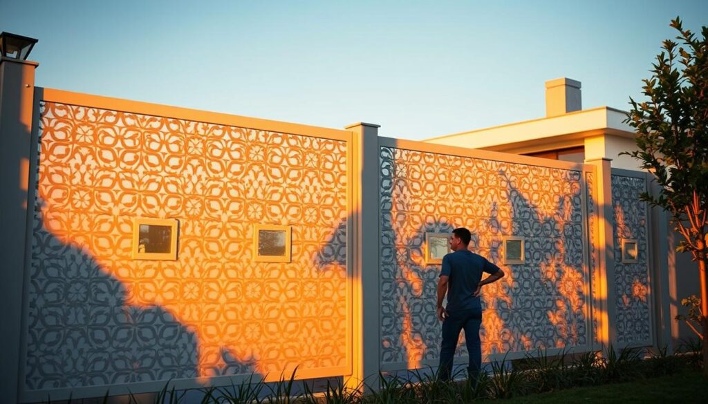 A meticulously designed privacy fence casts a warm glow, its elegant laser-cut patterns casting intricate shadows. In the foreground, a worker diligently inspects the installation, ensuring the highest quality craftsmanship. The background features a serene villa, its clean modern lines complemented by the fence's sophisticated aesthetic. Soft, diffused lighting imbues the scene with a sense of tranquility and attention to detail, reflecting the quality assurance and after-sales service promised. The overall impression conveys a commitment to both functional protection and architectural refinement.
