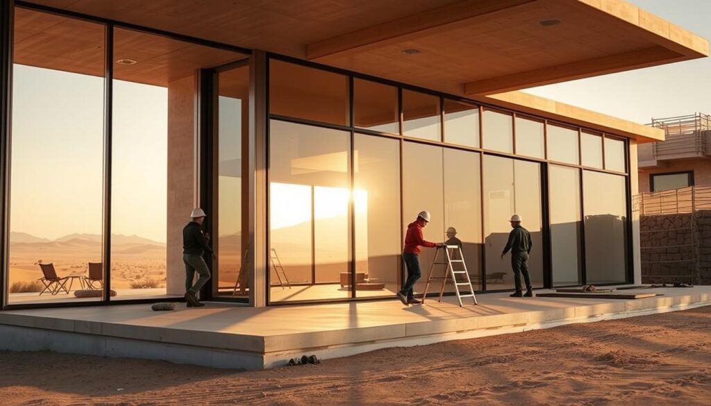 A meticulously engineered villa annex rising against a backdrop of warm desert hues. Precise architectural lines intersect with glass panels, casting intricate shadows across the scene. Construction workers carefully install insulated sandwich panels, their focused movements conveying a sense of diligent craftsmanship. Warm sunlight filters through the glass, illuminating the seamless integration of modern design and practical engineering. The overall atmosphere exudes a harmonious balance between form and function, reflecting the comprehensive "ضمان فعلي وإشراف هندسي" approach to luxury villa construction.