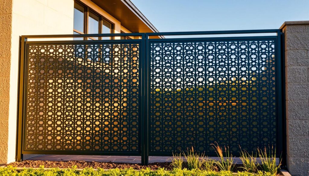 A modern and durable privacy fence with intricate lattice-like patterns, casting dramatic shadows under warm, golden sunlight. The sturdy metal frame supports elegant, laser-cut panels that blend seamlessly into the luxurious surrounding architecture. The fence creates a harmonious, high-end visual aesthetic while offering robust protection against the elements. Subtle textures and a muted color palette evoke a sense of timeless sophistication. The scene conveys a tranquil, comfortable atmosphere, showcasing the advanced design and engineering of these cutting-edge privacy screens.