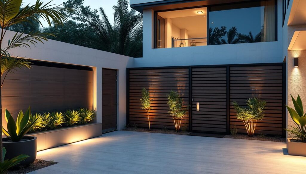 A modern and elegant courtyard with sleek, contemporary privacy fences and screens. The fences are composed of high-quality materials like brushed aluminum, glass, and polished wood, creating a visually striking and functional design. The layout features a harmonious blend of clean lines, subtle textures, and minimalist accents, conveying a sense of sophistication and security. Soft, directional lighting highlights the fences' sharp silhouettes, casting dramatic shadows and creating a warm, inviting atmosphere. The overall scene exudes a premium, high-end aesthetic that perfectly complements the luxurious setting of a modern home or villa.