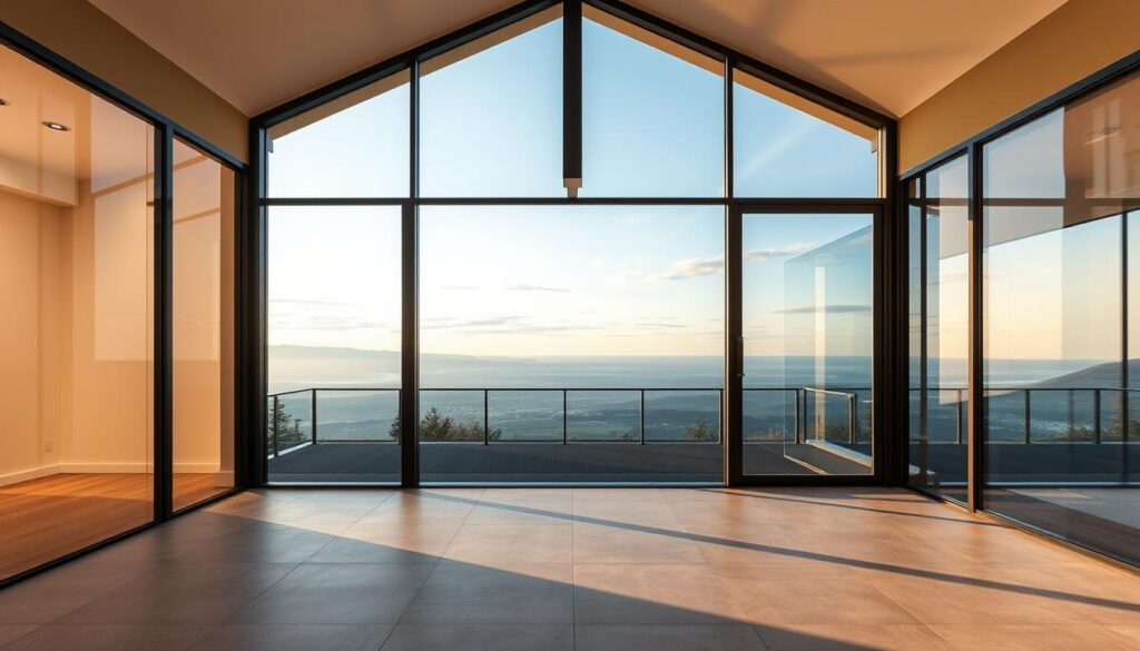 A modern and elegant glass annex design with a panoramic view. The structure features floor-to-ceiling insulated glass panels that seamlessly integrate the indoor and outdoor spaces. The annex is bathed in warm, natural lighting, accentuating the clean lines and minimalist aesthetic. Sleek, metal framing supports the glass walls, creating a harmonious balance between transparency and structure. Carefully placed recessed lighting casts a soft, diffused glow, setting an inviting and relaxing atmosphere. The annex's layout is designed to maximize the sense of spaciousness, with a open-concept floorplan that flows effortlessly. Smooth, polished concrete floors complement the glass and metal accents, resulting in a refined, contemporary look.