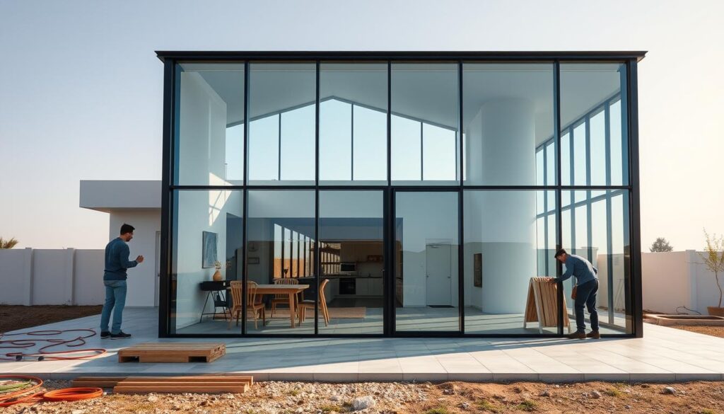 A modern and elegant glass annex with a sleek, minimalist design. Abundant natural light filters through the expansive windows, creating a bright and airy atmosphere. The structure features a high-quality insulated sandwich panel system, ensuring optimal thermal performance and energy efficiency. Skilled workers carefully install the panels, their attention to detail evident in the seamless integration of the components. The annex's clean lines and balanced proportions evoke a sense of sophistication, serving as an inviting extension to the primary residence. A harmonious blend of form and function, this design exemplifies the ideal modern annex for a home in Saudi Arabia.