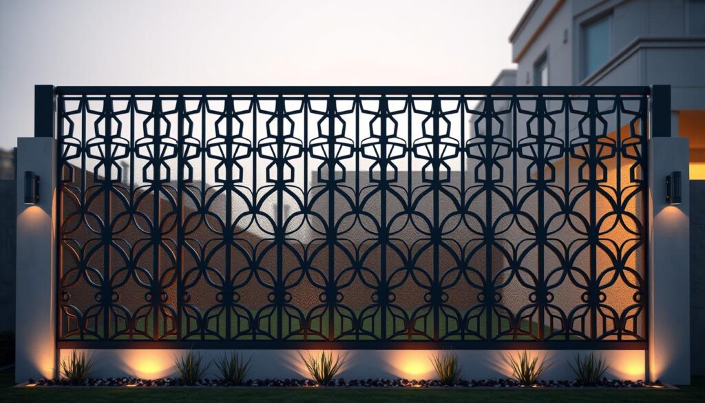 A modern and elegant privacy fence for a villa in Dammam, Saudi Arabia. The screen features a geometric pattern of interlocking lines and arches, creating a visually interesting and sophisticated design. The fence stands tall, casting long shadows and providing a sense of seclusion and exclusivity. The material appears to be a high-quality, durable metal, complemented by warm lighting that casts a gentle glow, evoking a peaceful and serene atmosphere. The fence is positioned against a subtly blurred background, allowing the architectural details to take center stage and showcase the craftsmanship and attention to detail.