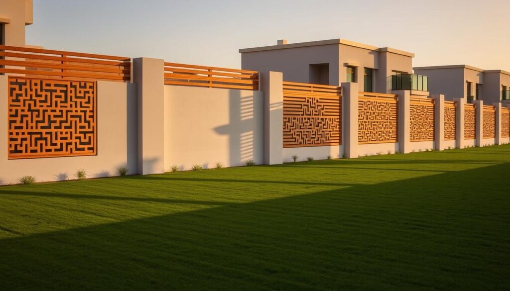 A modern and elegant privacy fence system for a residential development in Alkhobar, Saudi Arabia. The scene depicts a row of minimalist concrete walls and slatted wood screens with intricate geometric patterns, casting dramatic shadows across the well-manicured lawns. Soft, warm lighting illuminates the scene, creating a sense of tranquility and exclusivity. The fences seamlessly integrate into the contemporary architectural style of the villas, providing both visual interest and functional security. Carefully composed to showcase the attention to detail and design in these custom-built privacy solutions for high-end homes.