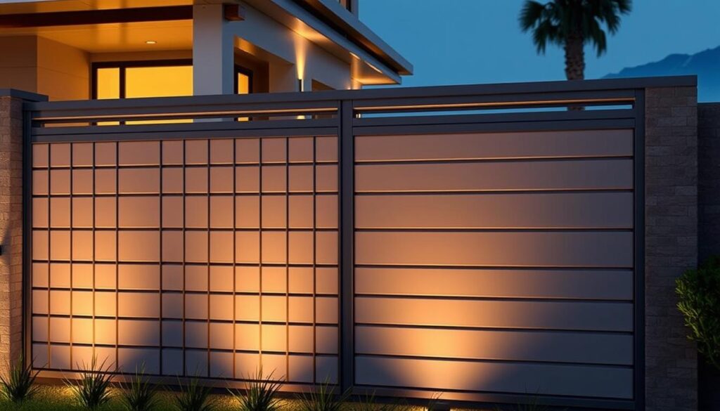 A modern and elegant privacy fence system showcasing a visually striking architectural design. The facade features a harmonious blend of vertical and horizontal panels, creating a rhythmic pattern that seamlessly integrates with the surrounding architectural style. Precise lines, sharp edges, and a subdued color palette convey a sense of sophistication and refined aesthetics. The fence is illuminated by warm, diffused lighting, casting gentle shadows and emphasizing the structural details. The overall composition exudes a sense of security, privacy, and a harmonious connection between the built environment and the natural landscape.