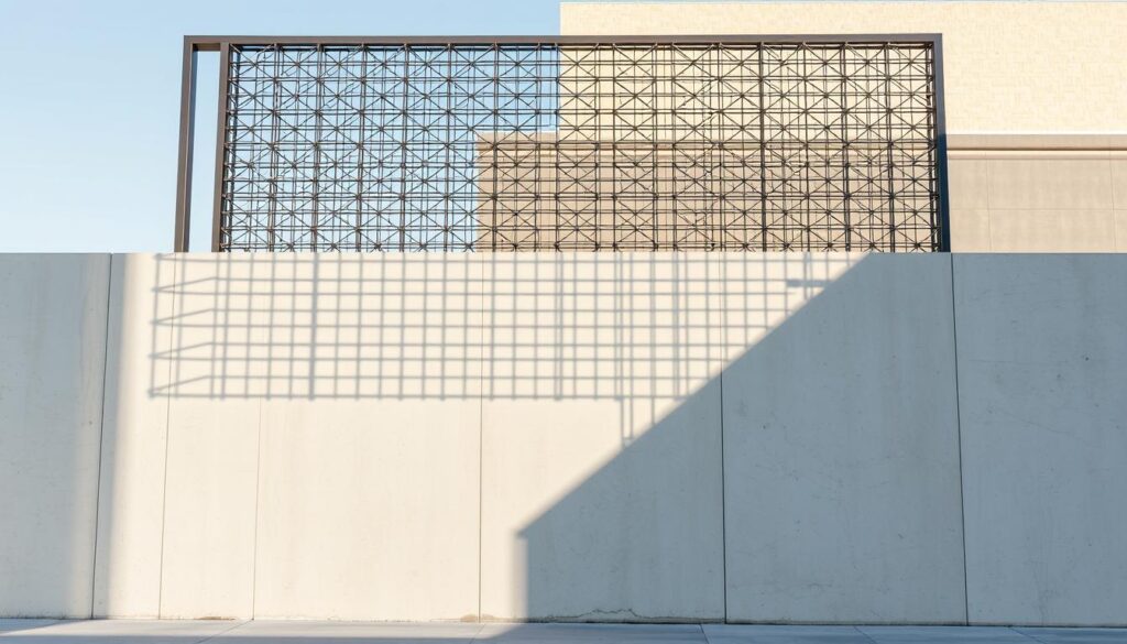 A modern and robust steel privacy screen standing tall in Dammam, offering both security and architectural elegance. The intricate metal framework casts dynamic shadows across the smooth concrete base, creating a visually striking interplay of light and shadow. The sleek, minimalist design seamlessly blends functionality and aesthetics, showcasing the latest advancements in steel fabrication and highlighting the sophistication of contemporary Dammam architecture. The overall composition conveys a sense of strength, durability, and refined sophistication, perfectly capturing the essence of the modern privacy screens in the region.