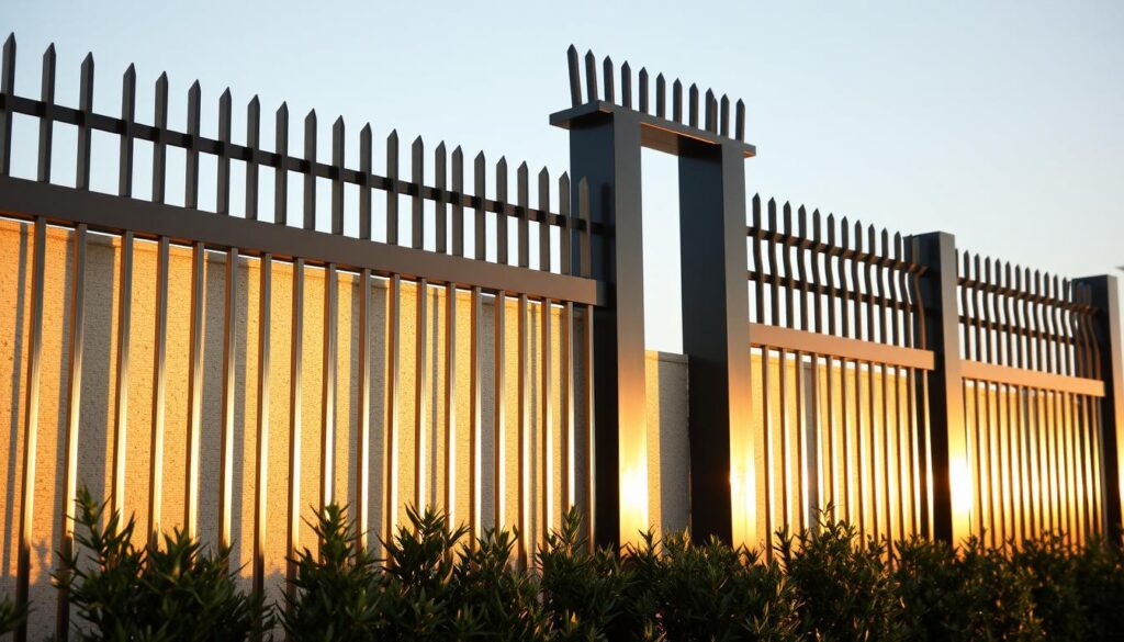 A modern and sleek metal fence system standing tall, its elegant steel bars casting intricate shadows. The structure is designed to provide robust security while maintaining a visually appealing aesthetic. The fencing is arranged in a symmetrical pattern, with clean lines and sharp edges that convey a sense of strength and sophistication. The metal has a lustrous, polished finish that reflects the warm, golden hues of the afternoon sunlight, creating a captivating interplay of light and shadow. In the foreground, the fence seamlessly blends with the well-manicured landscaping, creating a harmonious and inviting outdoor space. This scene embodies the perfect balance of functionality and style, making it an ideal choice for protecting and enhancing the beauty of residential properties in Dammam.