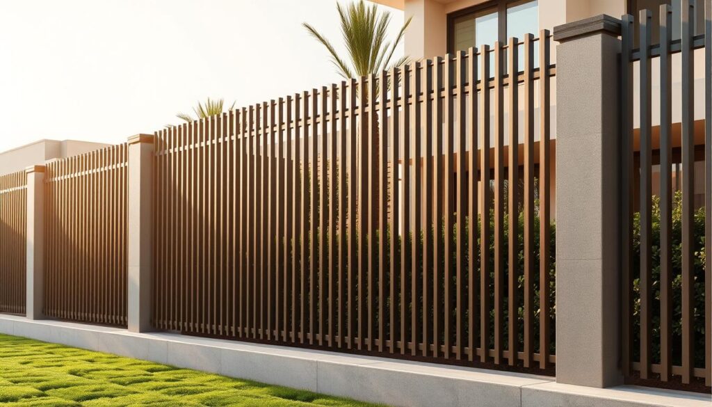 A modern and sleek metal privacy fence, its vertical steel bars glistening under the warm midday sun. The fence stands tall, creating a strong visual barrier while allowing glimpses of the lush greenery beyond. The minimalist design exudes a sense of sophistication, perfectly complementing the elegant architecture of the surrounding villas. Carefully crafted details, such as subtle geometric patterns and a seamless integration with the landscape, elevate the fence's aesthetic appeal. The overall scene radiates a sense of security and exclusivity, making it an ideal choice for the discerning homeowners of Dammam in 2026.