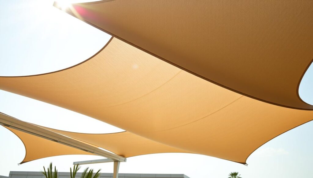 A modern and sleek outdoor canopy system, showcasing the intricate interplay of steel frames, tensile fabric, and precise engineering. Sunlight filters through the dynamic, undulating form, casting captivating shadows across the meticulously crafted structure. The composition emphasizes the harmonious balance of functionality and aesthetic appeal, reflecting the sophisticated design principles of contemporary shade solutions in Saudi Arabia. Attention to detail is paramount, with the image capturing the refined texture of the materials, the precision of the joints, and the seamless integration of the shading elements into the surrounding landscape.