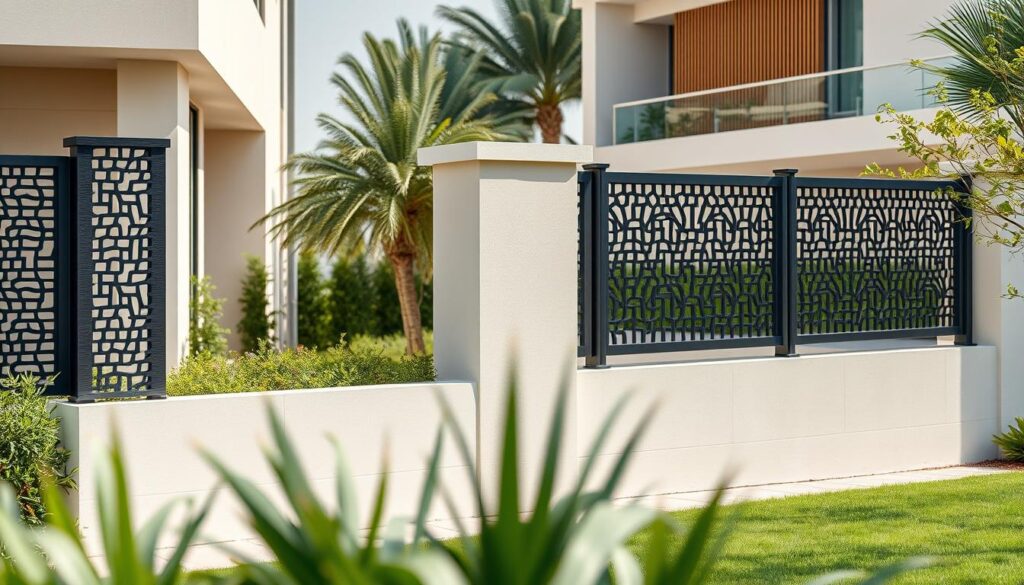 A modern and visually striking image showcasing the latest prices and special offers for premium privacy fences and wall screens in Dammam for the year 2026. Capture the elegance and engineering precision of these customized solutions, featuring sleek laser-cut designs in a variety of materials like metal, wood, and composite. Depict the fences in natural lighting, capturing their seamless integration with the surrounding architecture and lush landscaping. Convey a sense of exclusivity, security, and refined aesthetic through carefully composed angles and depth of field. The image should exude a high-end, aspirational atmosphere to complement the article's focus on contemporary fence design.