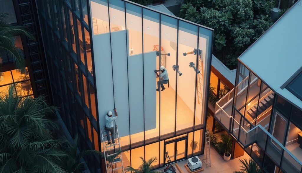 A modern architectural complex with sleek glass walls and steel frames, surrounded by lush greenery. Skilled workers meticulously install insulated sandwich panels, crafting an energy-efficient and visually striking ensemble. The buildings are designed with clean lines, creating a harmonious blend of form and function. Warm lighting accentuates the interplay of transparent and solid surfaces, evoking a sense of openness and sophistication. Captured from an elevated angle, the image showcases the impressive scale and attention to detail in these Dammam-based projects by the pioneering Riyada Al-Sharqiya Company.