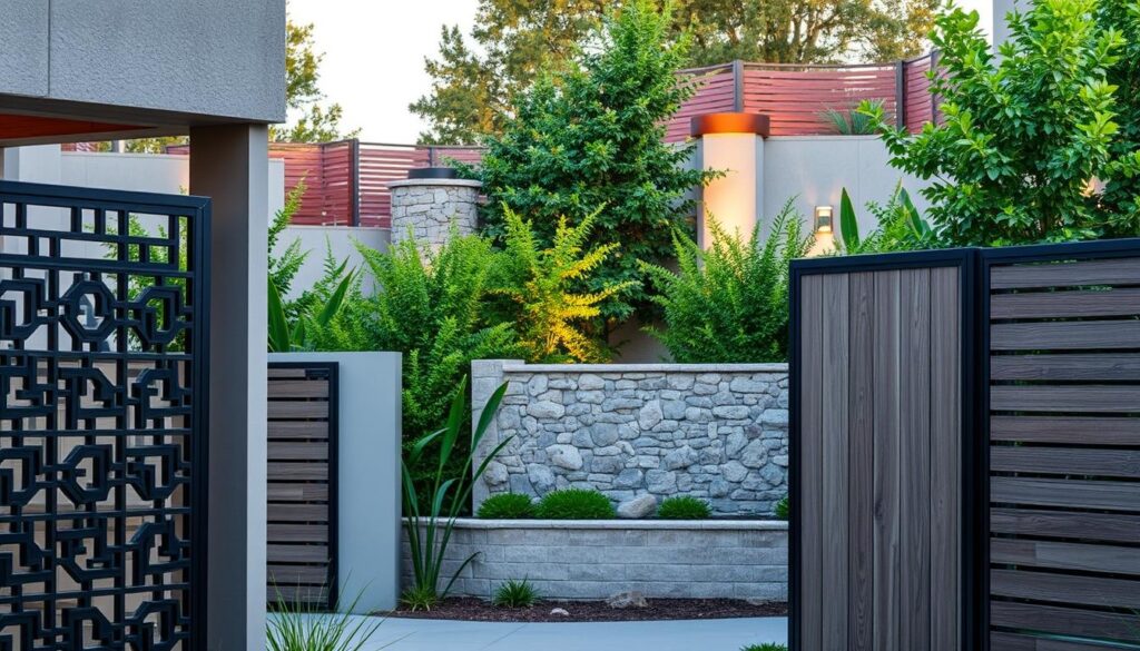 A modern architectural landscape showcasing elegant, customizable privacy screens in a variety of materials and designs. The foreground features sleek metal and wood panels with intricate geometric patterns, offering both privacy and visual appeal. In the middle ground, stone and concrete walls intermingle with lush greenery, creating a harmonious blend of natural and man-made elements. The background is bathed in warm, diffused lighting, highlighting the sophisticated textures and subtle color tones of the various fencing solutions. The overall scene conveys a sense of contemporary sophistication, security, and seamless integration with the surrounding environment.