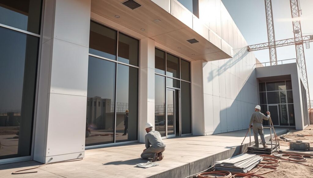 A modern construction site in Dammam, Saudi Arabia. Skilled workers methodically install interlocking insulated sandwich panels, crafting a sleek, energy-efficient facade for a contemporary annex. Bright sunlight filters through large glass windows, casting dynamic shadows and highlights across the scene. The clean, minimalist design features precise lines, sharp edges, and a palette of whites, grays, and metallic accents. The overall impression is one of efficient, high-quality workmanship, bringing the architectural vision to life with care and precision.