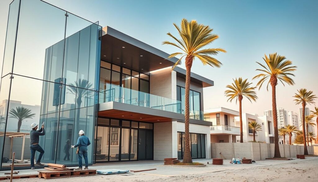 A modern construction site showcasing the latest building techniques for luxury residential annexes in Dammam, Saudi Arabia. In the foreground, skilled workers expertly install insulated sandwich panels, creating a sleek, energy-efficient glass facade. The middle ground features a mix of contemporary architectural elements, including clean lines, minimalist accents, and expansive windows that allow natural light to flood the interior. The background depicts a vibrant urban landscape, with towering palm trees swaying gently in the warm desert breeze, setting the stage for this cutting-edge residential development. The overall scene conveys a sense of sophistication, innovation, and a commitment to sustainable, high-end design for the discerning homeowner.